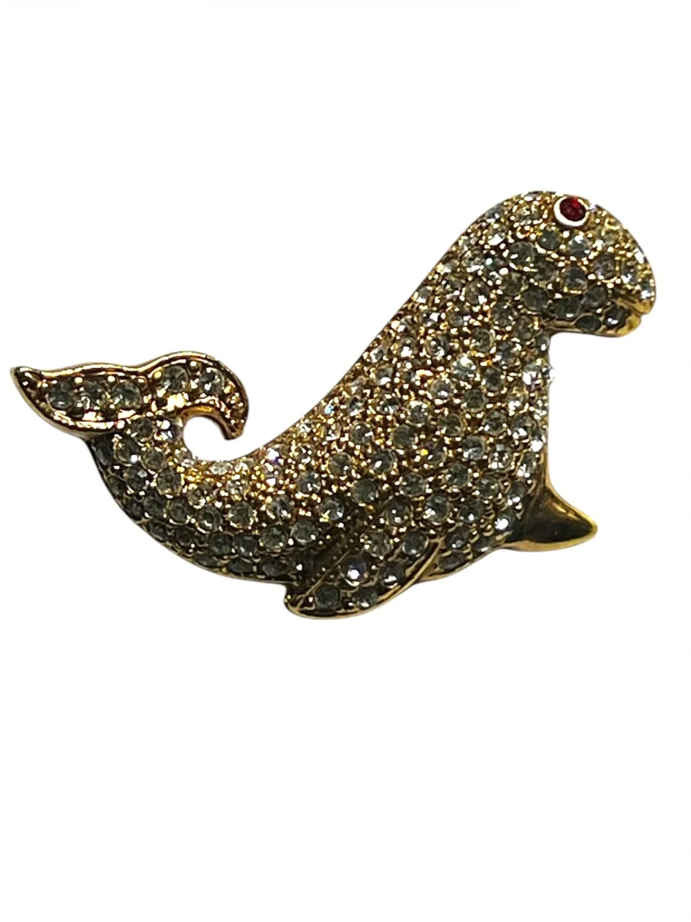 Vintage Gold Tone Whale Seal Brooch with Clear Rhinestones